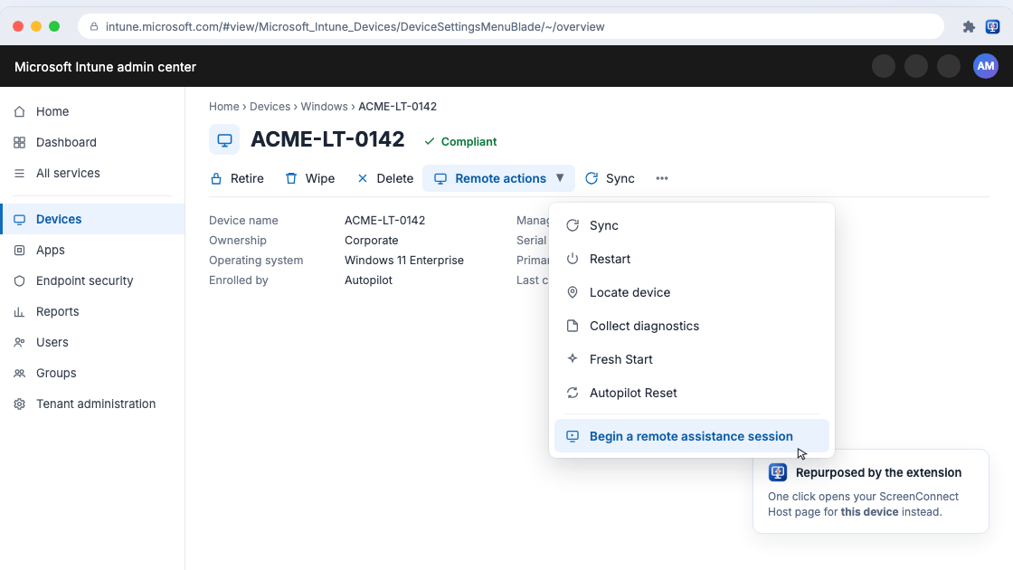An Intune device page for ACME-LT-0142 with the Remote actions menu open and Begin a remote assistance session highlighted