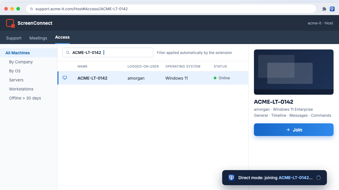 A ScreenConnect Host page filtered to ACME-LT-0142 with the Join button ready and a direct-mode toast