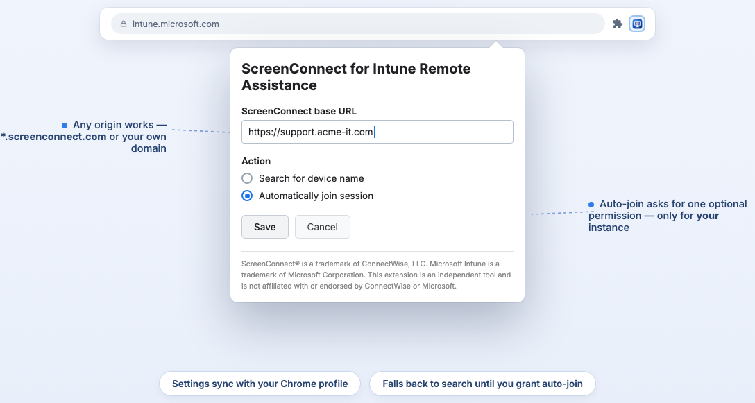 The extension popup with a ScreenConnect base URL field and a choice between searching for the device name and automatically joining