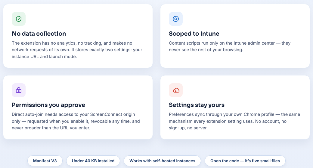 Cards describing no data collection, scoping to Intune, permissions you approve, and settings synced through your own Chrome profile